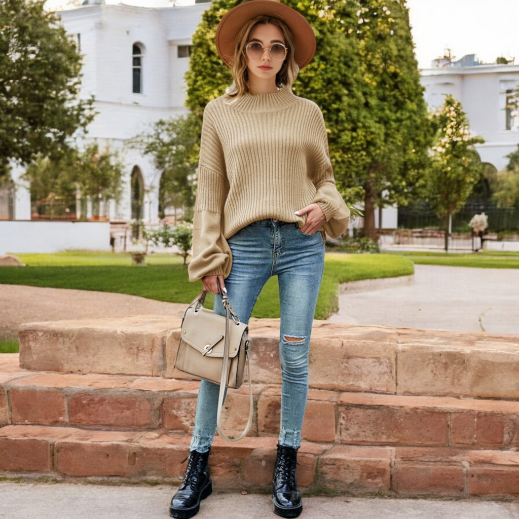 Anna-Kaci Women's Long Sleeve Ribbed Knit Sweater with Drop Shoulder Design