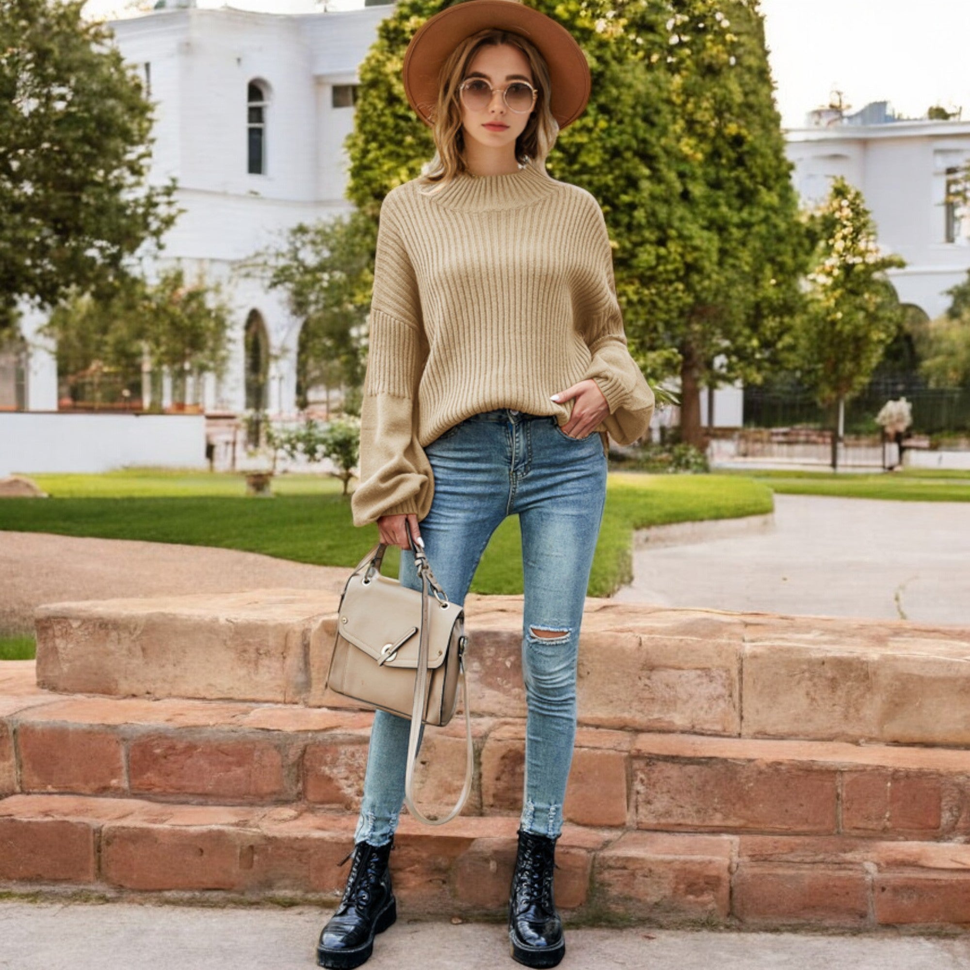 Anna-Kaci Women's Long Sleeve Ribbed Knit Sweater with Drop Shoulder Design