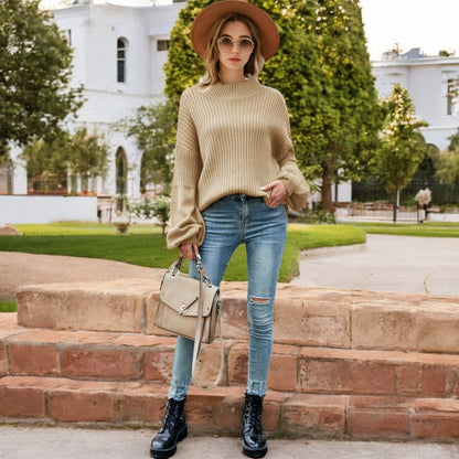 Anna-Kaci Women's Long Sleeve Ribbed Knit Sweater with Drop Shoulder Design