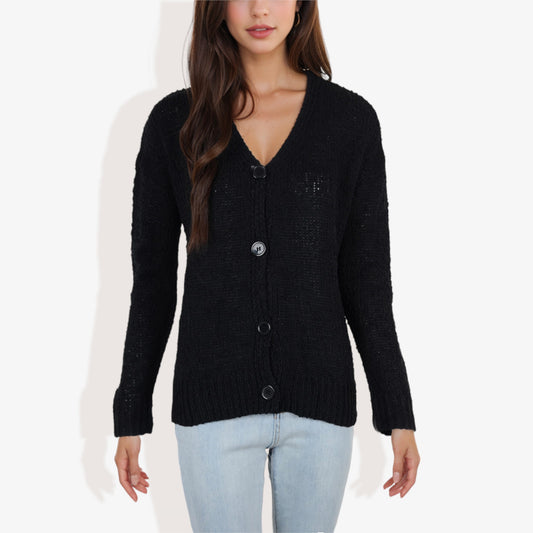 Button-Up Cardigan V-Neck Long Sleeve with Ribbed Hem