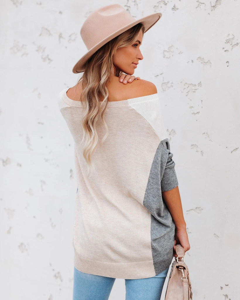 V-neck Patchwork Multicolor One Shoulder Sweater