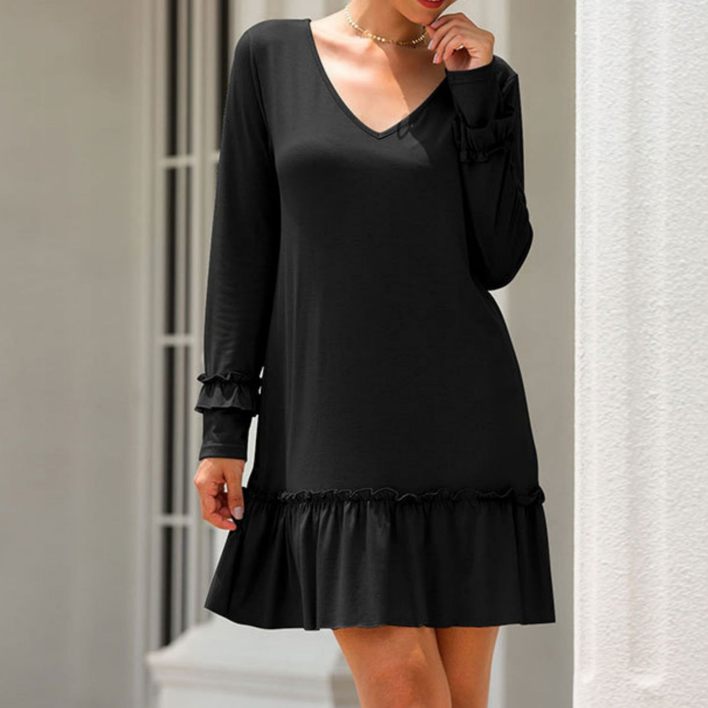 Anna-Kaci Women's Long Sleeve V Neck Ruffle Hem Mini Dress with Flowy Silhouette