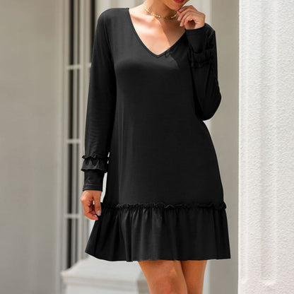 Anna-Kaci Women's Long Sleeve V Neck Ruffle Hem Mini Dress with Flowy Silhouette
