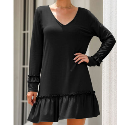 Anna-Kaci Women's Long Sleeve V Neck Ruffle Hem Mini Dress with Flowy Silhouette