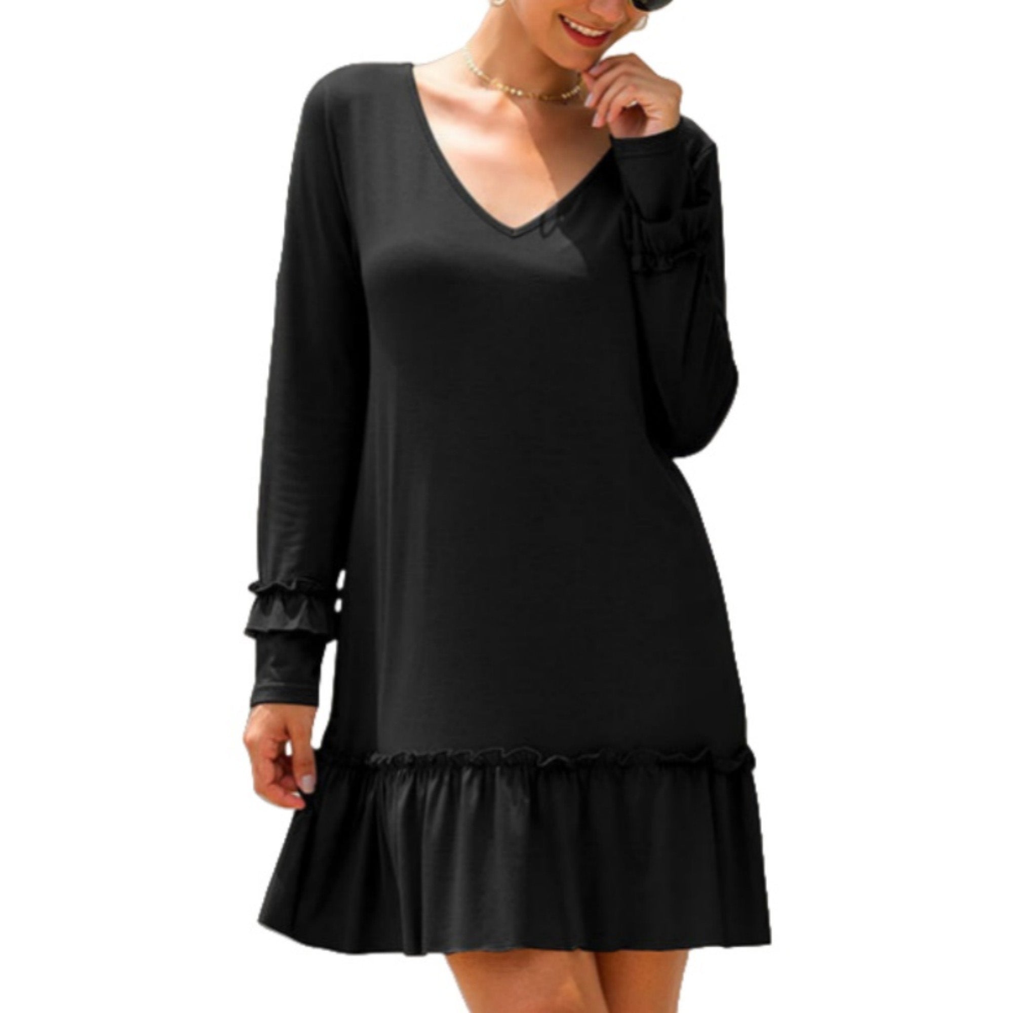 Anna-Kaci Women's Long Sleeve V Neck Ruffle Hem Mini Dress with Flowy Silhouette