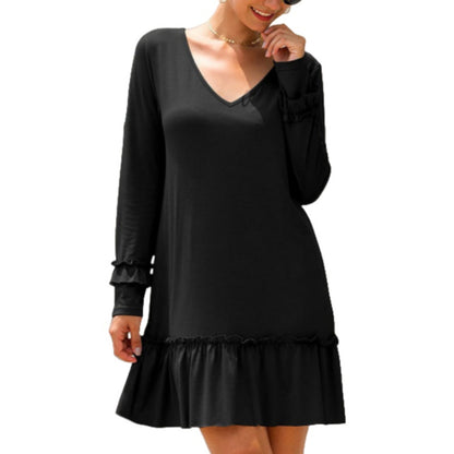 Anna-Kaci Women's Long Sleeve V Neck Ruffle Hem Mini Dress with Flowy Silhouette