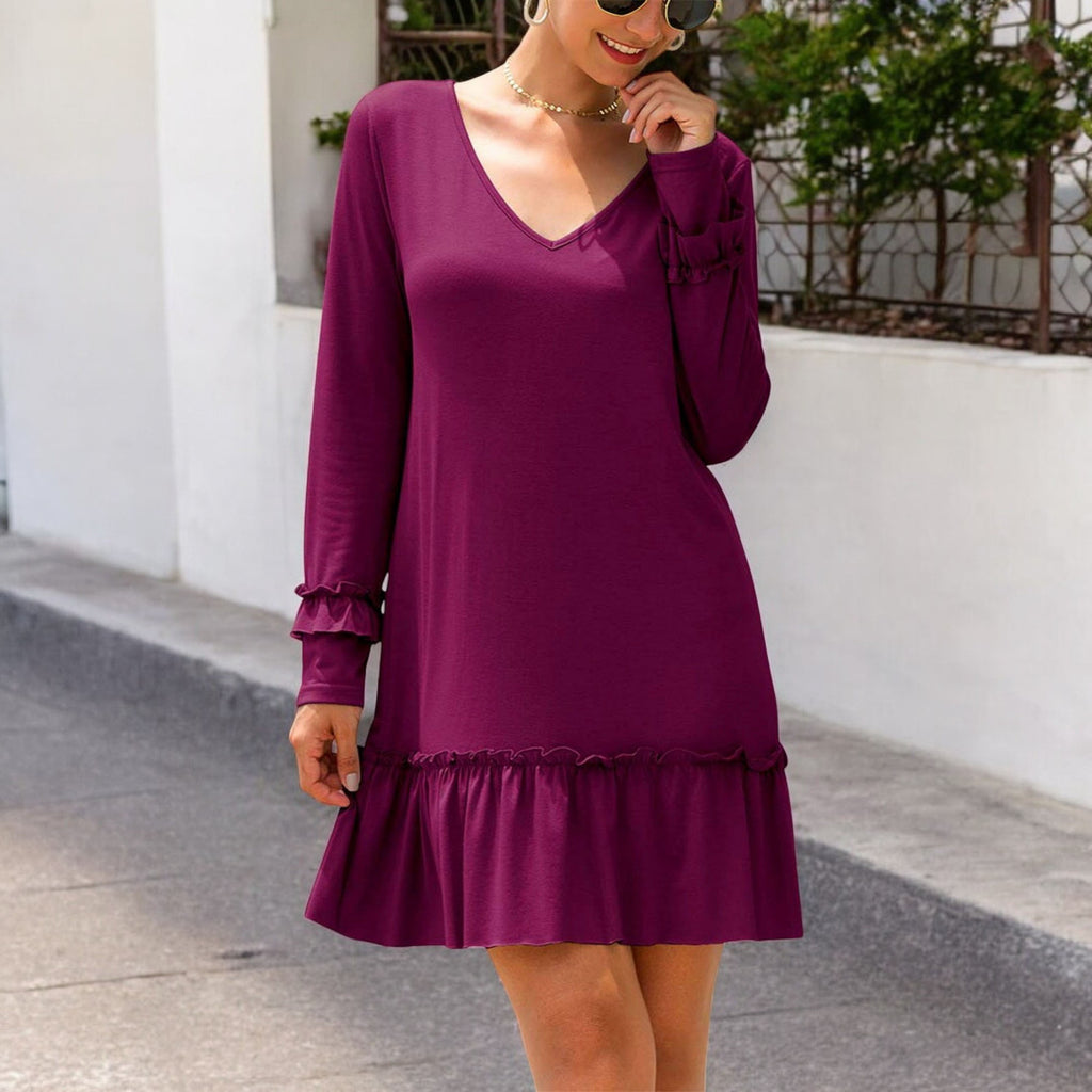 Anna-Kaci Women's Long Sleeve V Neck Ruffle Hem Mini Dress with Flowy Silhouette