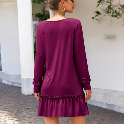 Anna-Kaci Women's Long Sleeve V Neck Ruffle Hem Mini Dress with Flowy Silhouette