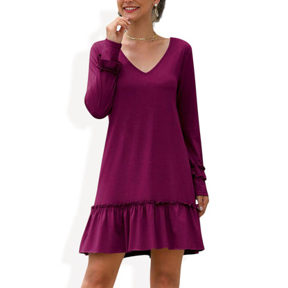 Anna-Kaci Women's Long Sleeve V Neck Ruffle Hem Mini Dress with Flowy Silhouette