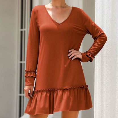 Anna-Kaci Women's Long Sleeve V Neck Ruffle Hem Mini Dress with Flowy Silhouette