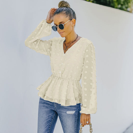 V-neck Solid Color Semi Sheer Swiis Dot Blouse