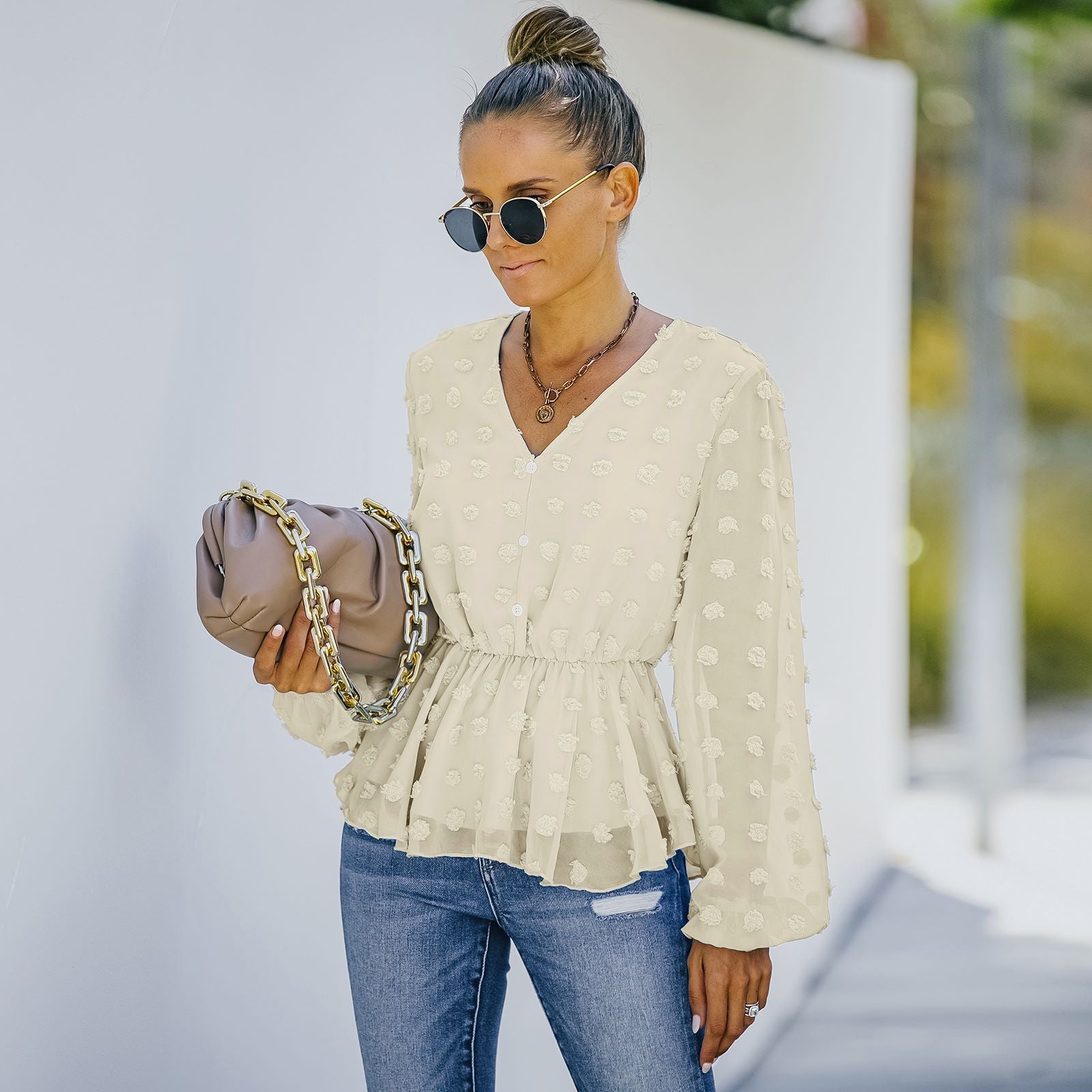 V-neck Solid Color Semi Sheer Swiis Dot Blouse