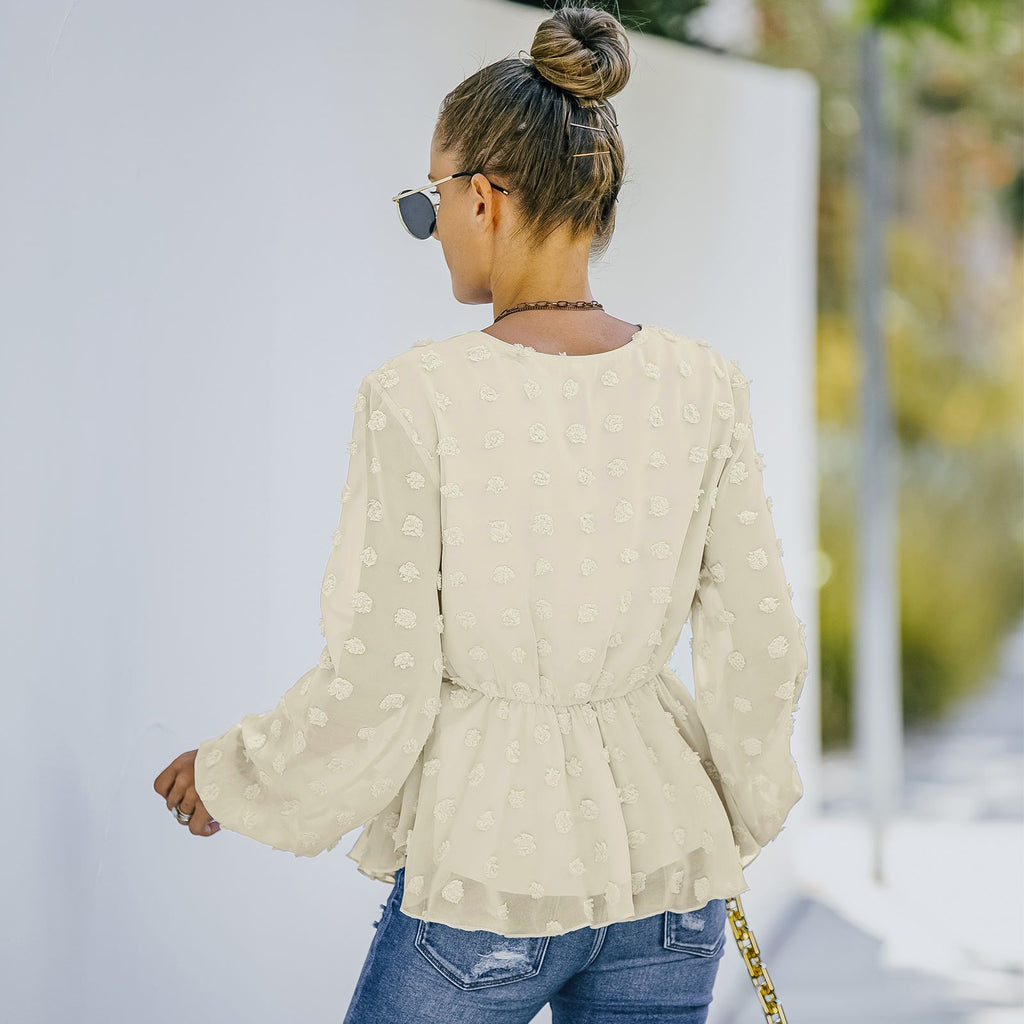 V-neck Solid Color Semi Sheer Swiis Dot Blouse