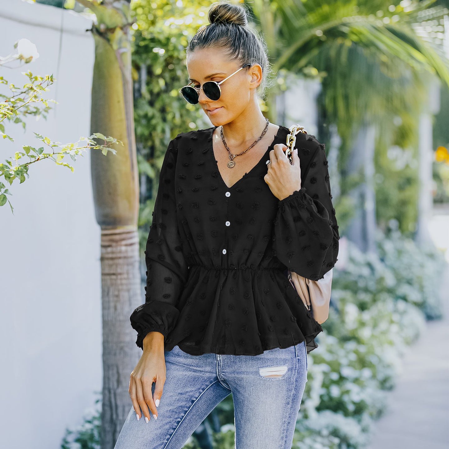 V-neck Solid Color Semi Sheer Swiis Dot Blouse