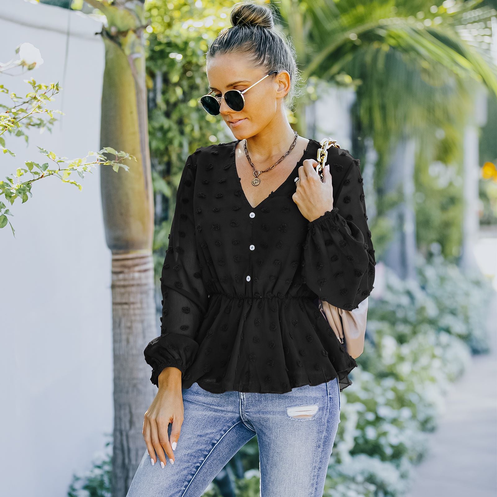 V-neck Solid Color Semi Sheer Swiis Dot Blouse