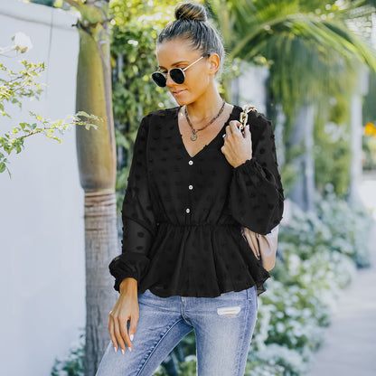 V-neck Solid Color Semi Sheer Swiis Dot Blouse