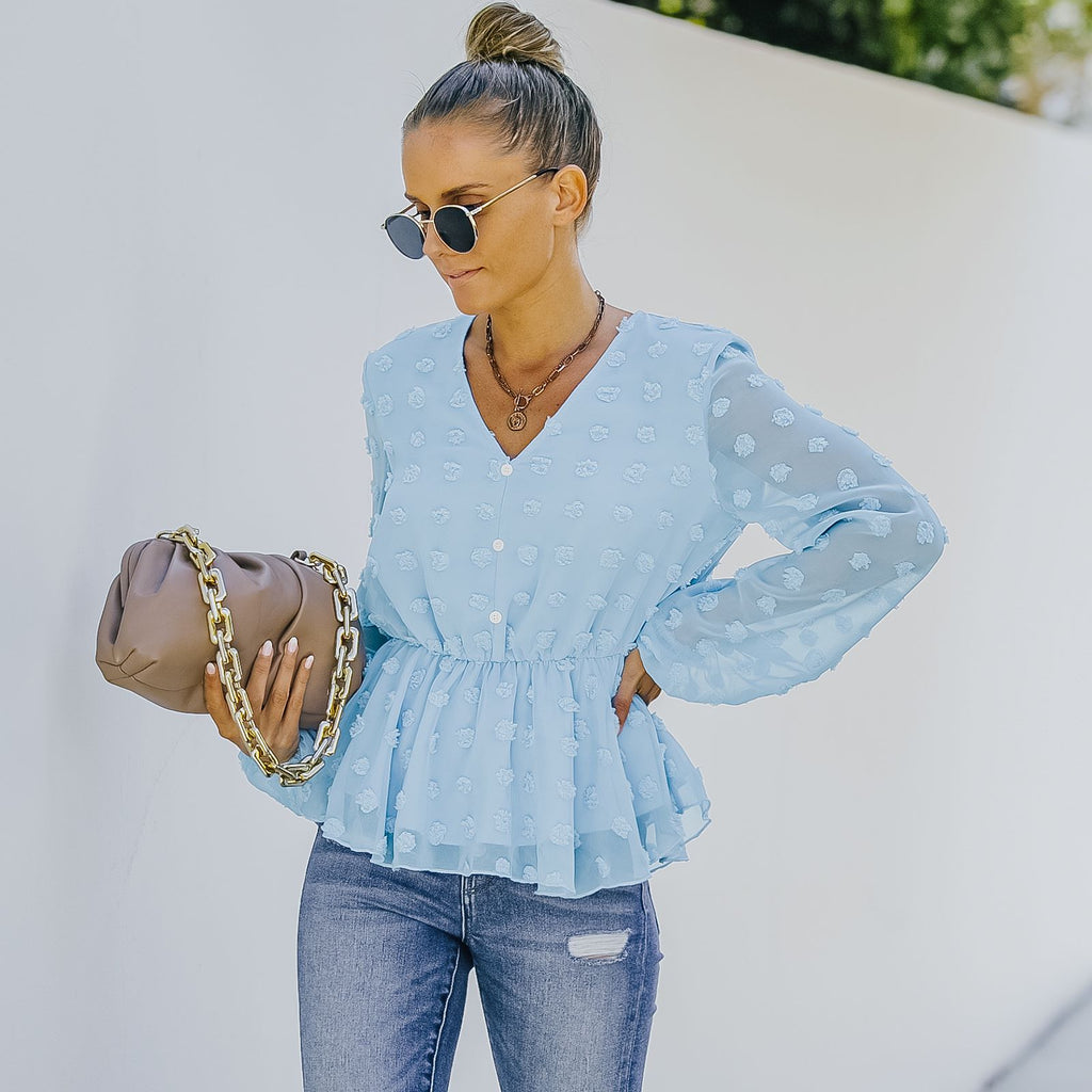 V-neck Solid Color Semi Sheer Swiis Dot Blouse