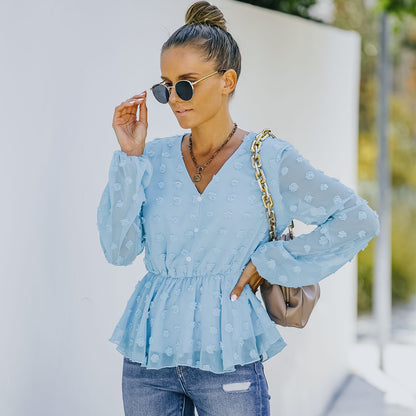 V-neck Solid Color Semi Sheer Swiis Dot Blouse