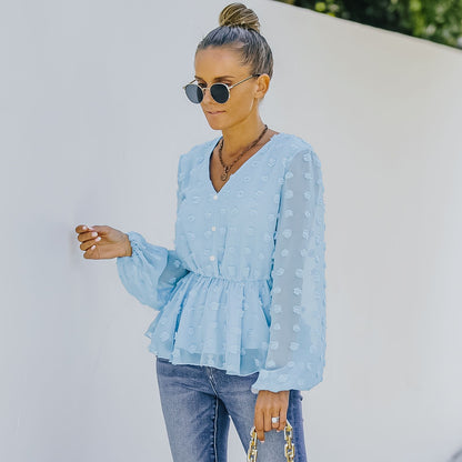 V-neck Solid Color Semi Sheer Swiis Dot Blouse