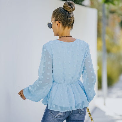 V-neck Solid Color Semi Sheer Swiis Dot Blouse