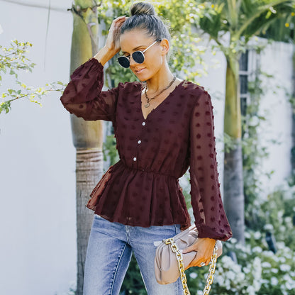 V-neck Solid Color Semi Sheer Swiis Dot Blouse