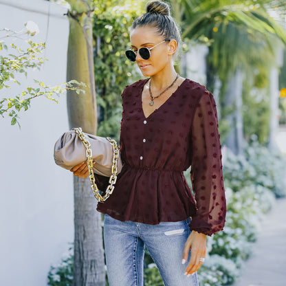 V-neck Solid Color Semi Sheer Swiis Dot Blouse