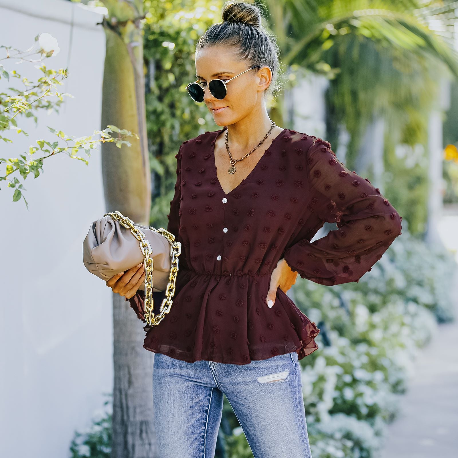 V-neck Solid Color Semi Sheer Swiis Dot Blouse