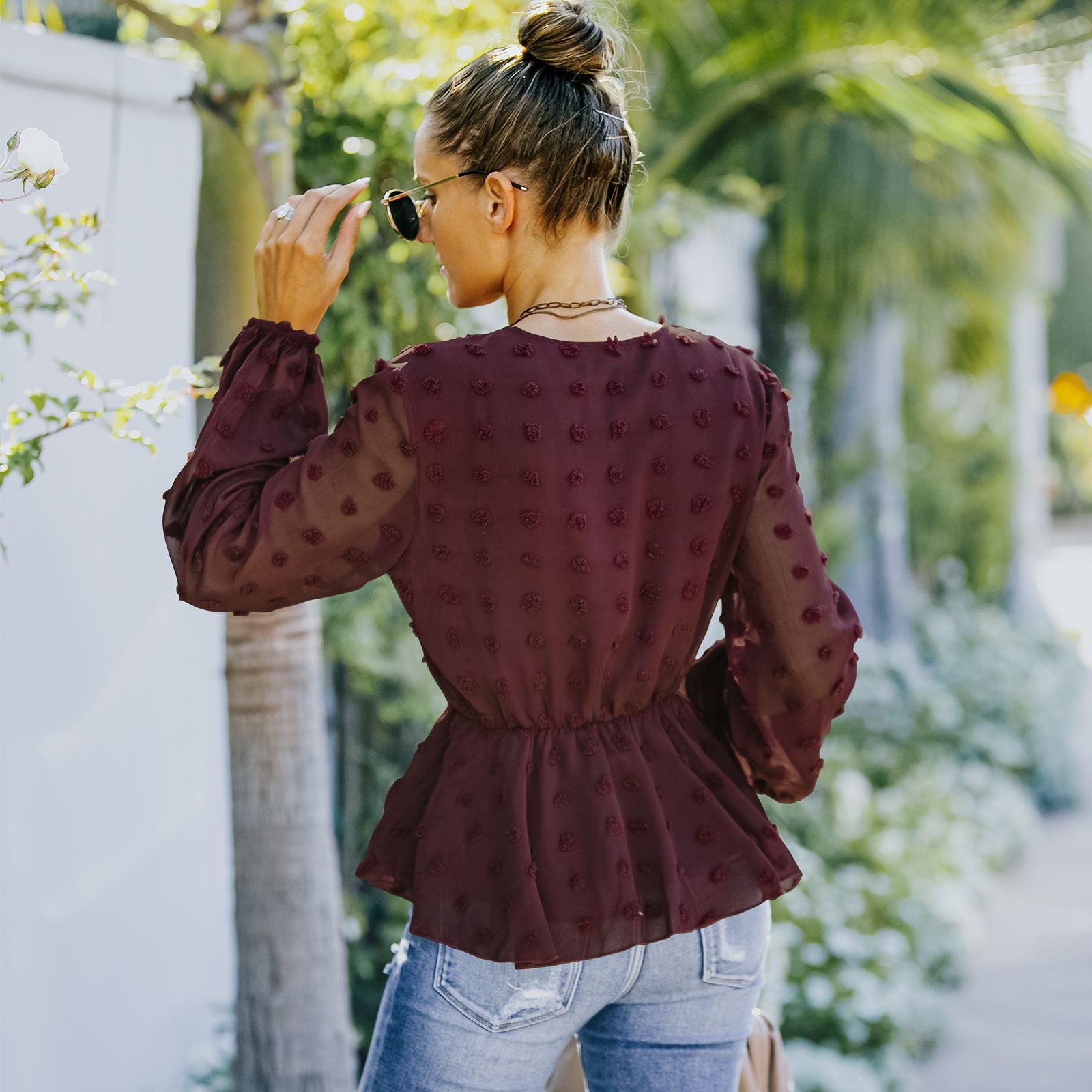 V-neck Solid Color Semi Sheer Swiis Dot Blouse