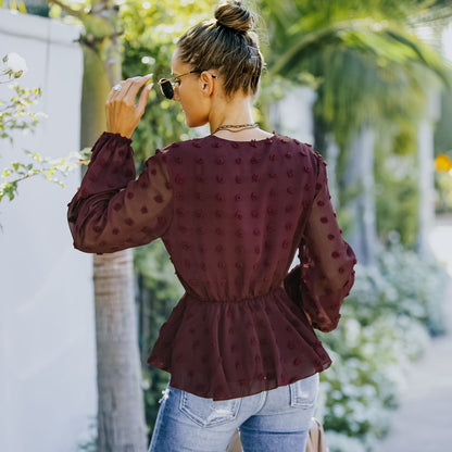 V-neck Solid Color Semi Sheer Swiis Dot Blouse