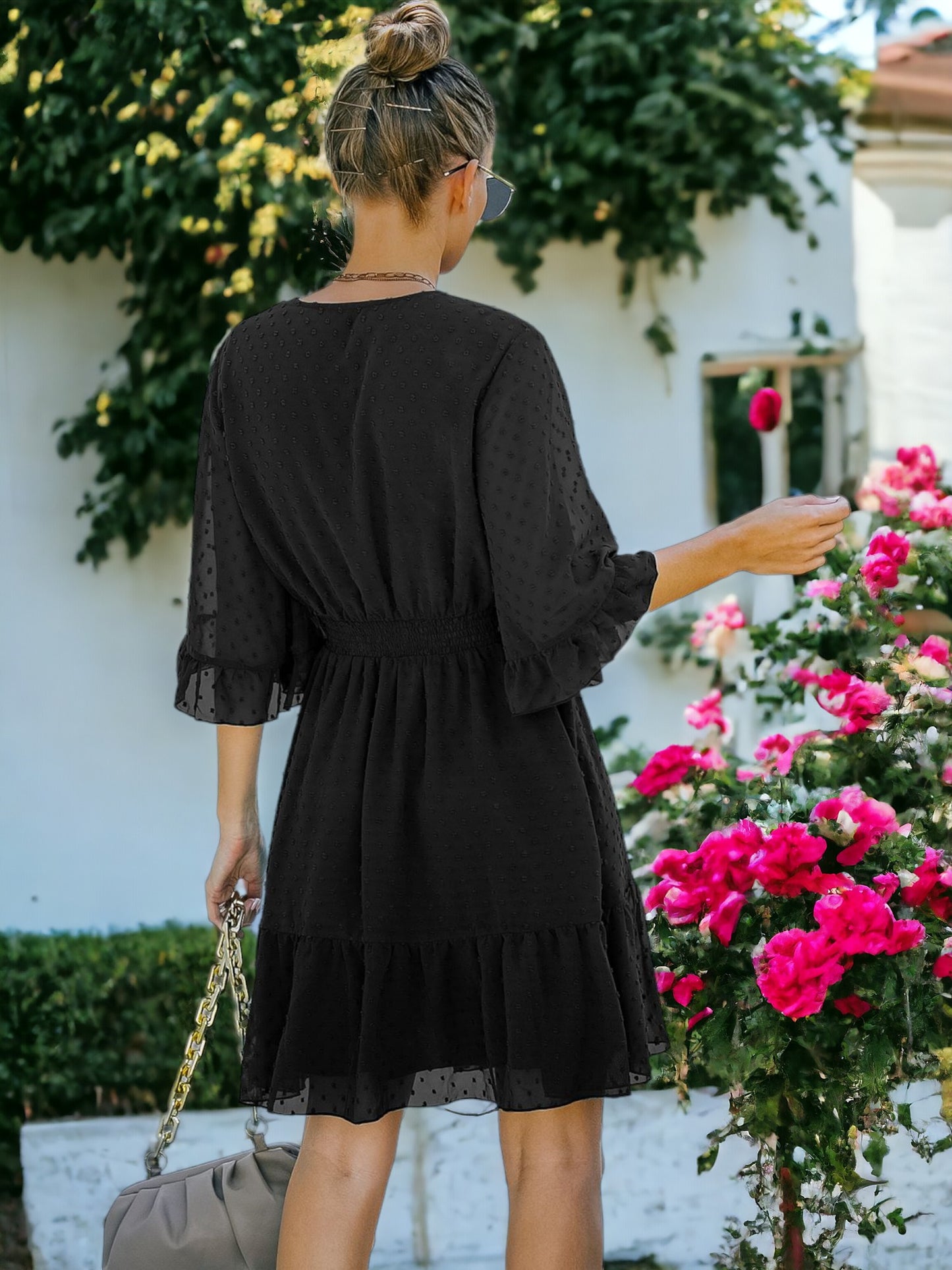 V Neck Bell Sleeve Swiss Dot A-Line Elastic Waist Ruffle Hem Short Dress