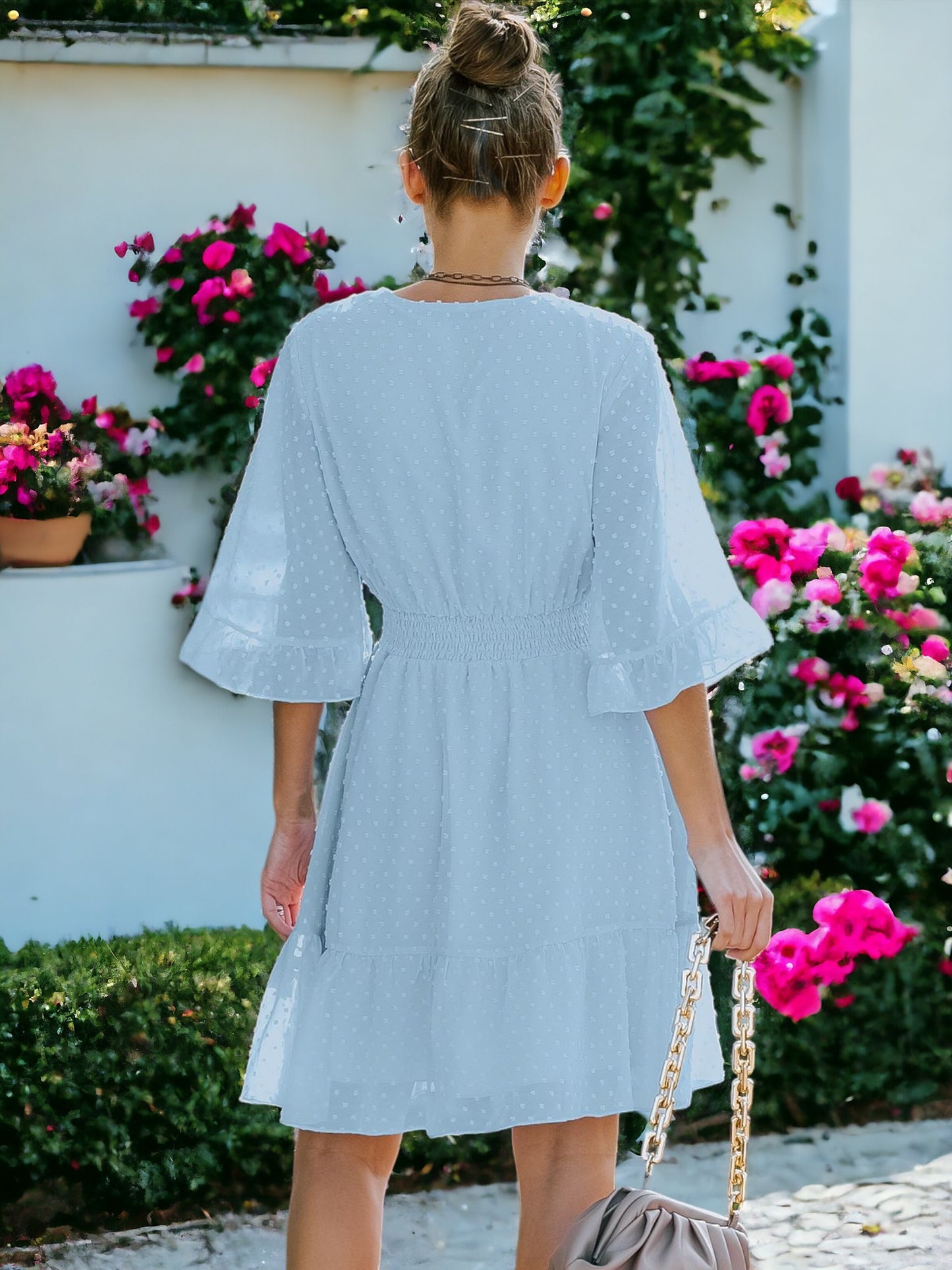 V Neck Bell Sleeve Swiss Dot A-Line Elastic Waist Ruffle Hem Short Dress