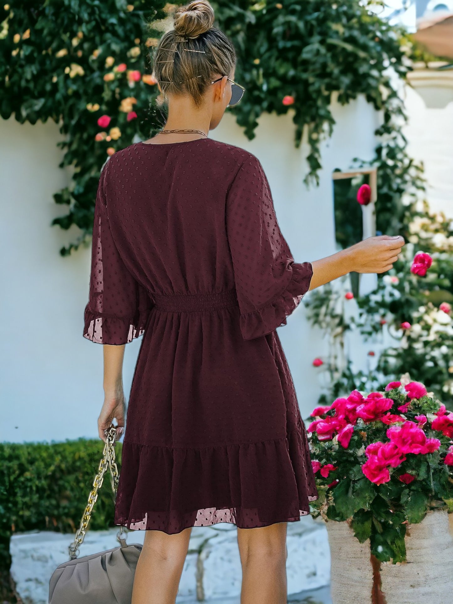 V Neck Bell Sleeve Swiss Dot A-Line Elastic Waist Ruffle Hem Short Dress