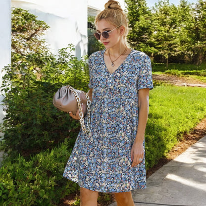 Anna-Kaci Women's Short Sleeve V-Neck Floral Print Swing Dress with Relaxed Fit