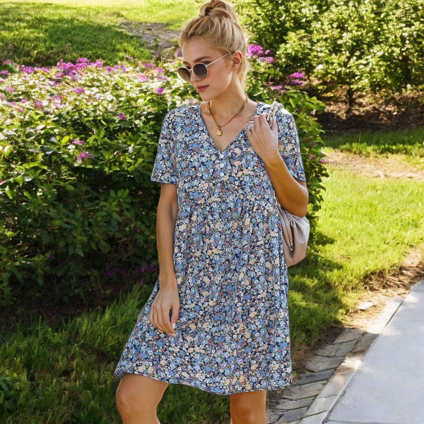 Anna-Kaci Women's Short Sleeve V-Neck Floral Print Swing Dress with Relaxed Fit