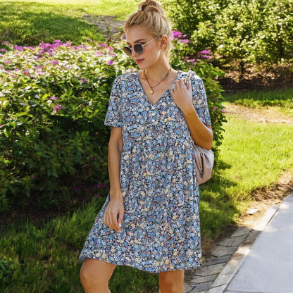 Anna-Kaci Women's Short Sleeve V-Neck Floral Print Swing Dress with Relaxed Fit