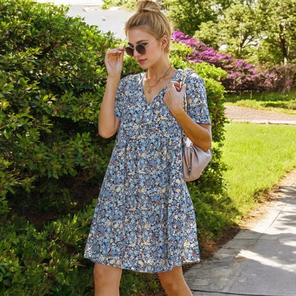 Anna-Kaci Women's Short Sleeve V-Neck Floral Print Swing Dress with Relaxed Fit