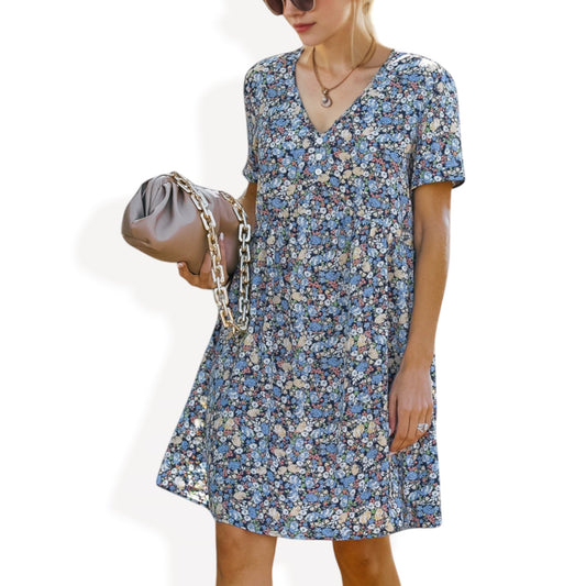 Anna-Kaci Women's Short Sleeve V-Neck Floral Print Swing Dress with Relaxed Fit