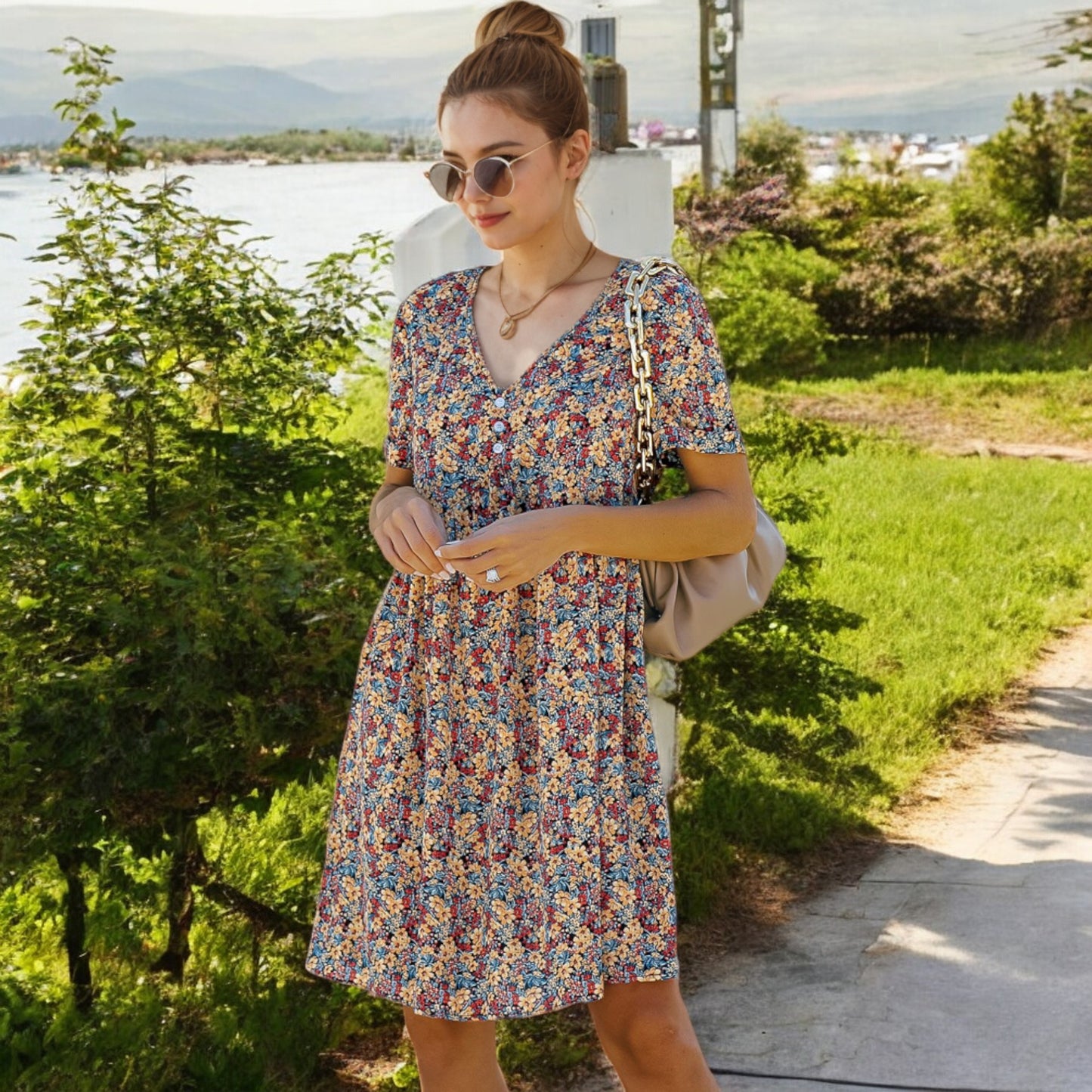Anna-Kaci Women's Short Sleeve V-Neck Floral Print Swing Dress with Relaxed Fit