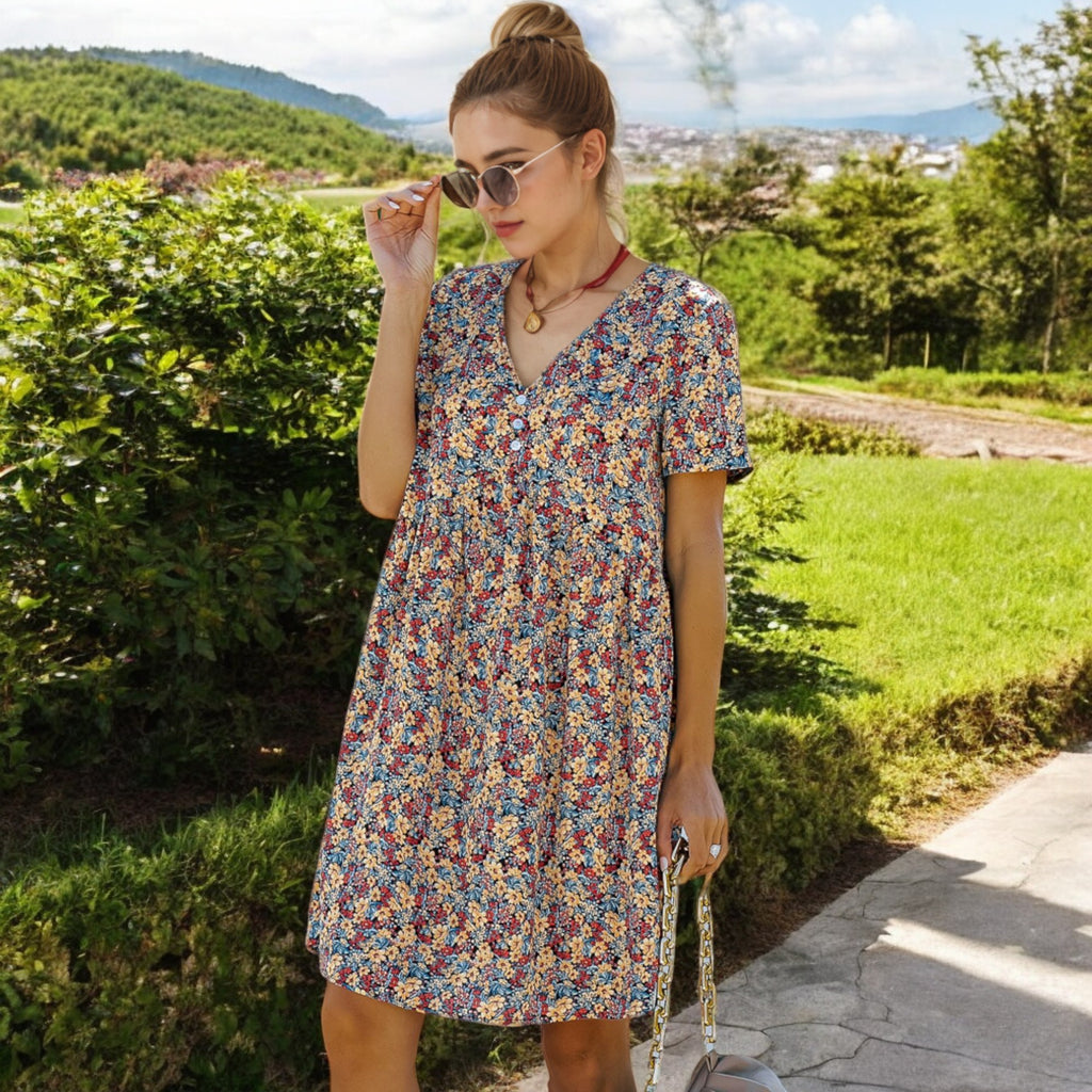 Anna-Kaci Women's Short Sleeve V-Neck Floral Print Swing Dress with Relaxed Fit