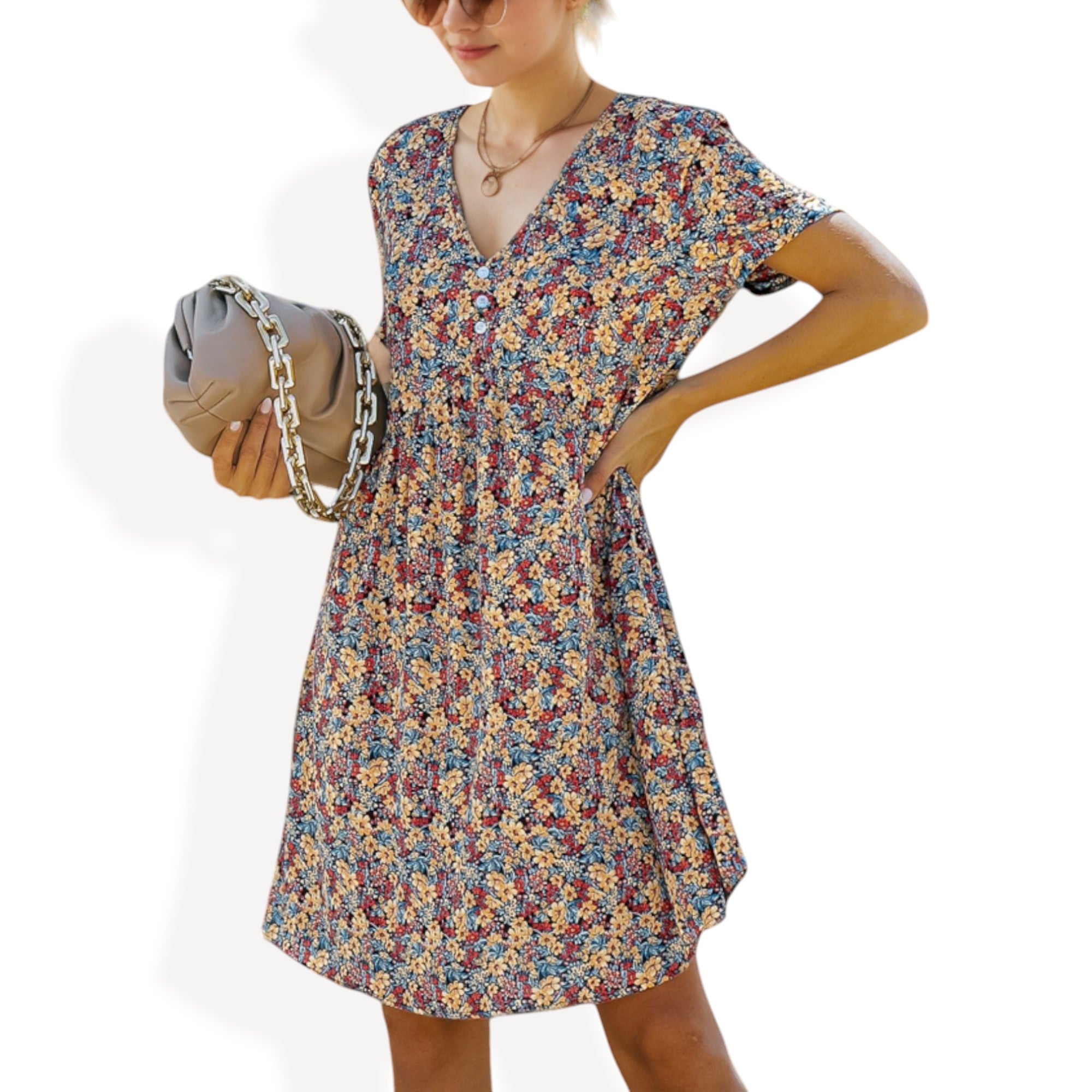 Anna-Kaci Women's Short Sleeve V-Neck Floral Print Swing Dress with Relaxed Fit