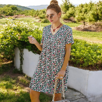 Anna-Kaci Women's Short Sleeve V-Neck Floral Print Swing Dress with Relaxed Fit