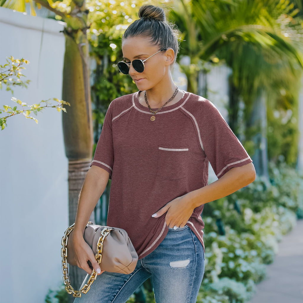 Camiseta básica de verano con cuello redondo, manga corta y bolsillo en el pecho