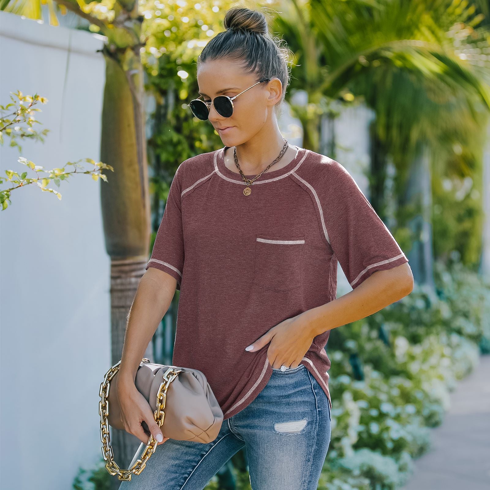 Camiseta básica de verano con cuello redondo, manga corta y bolsillo en el pecho