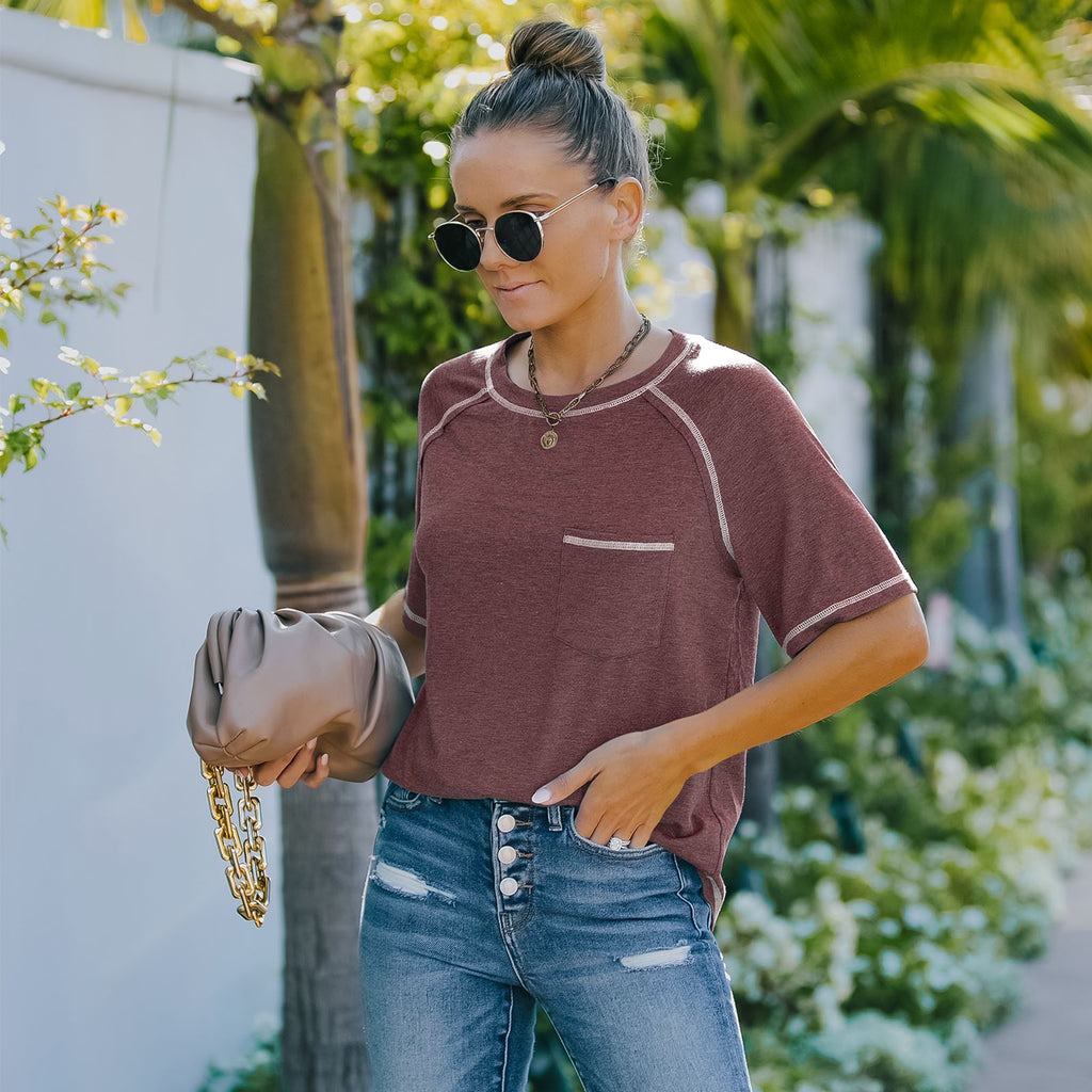 Camiseta básica de verano con cuello redondo, manga corta y bolsillo en el pecho