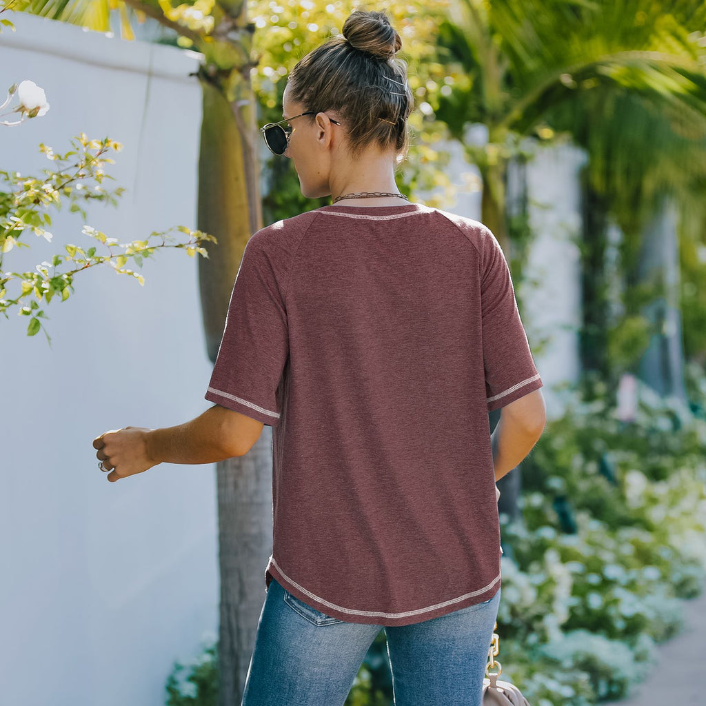 Camiseta básica de verano con cuello redondo, manga corta y bolsillo en el pecho