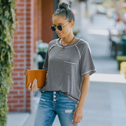 Summer Basic Round Neck Short Sleeve Chest Pocket T-shirt