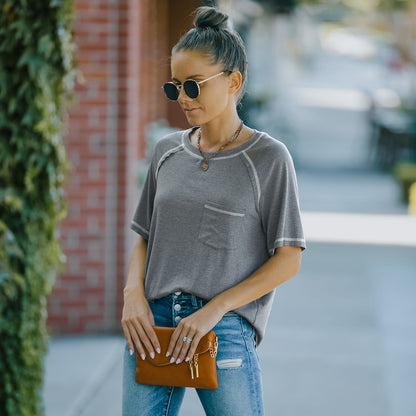 Summer Basic Round Neck Short Sleeve Chest Pocket T-shirt