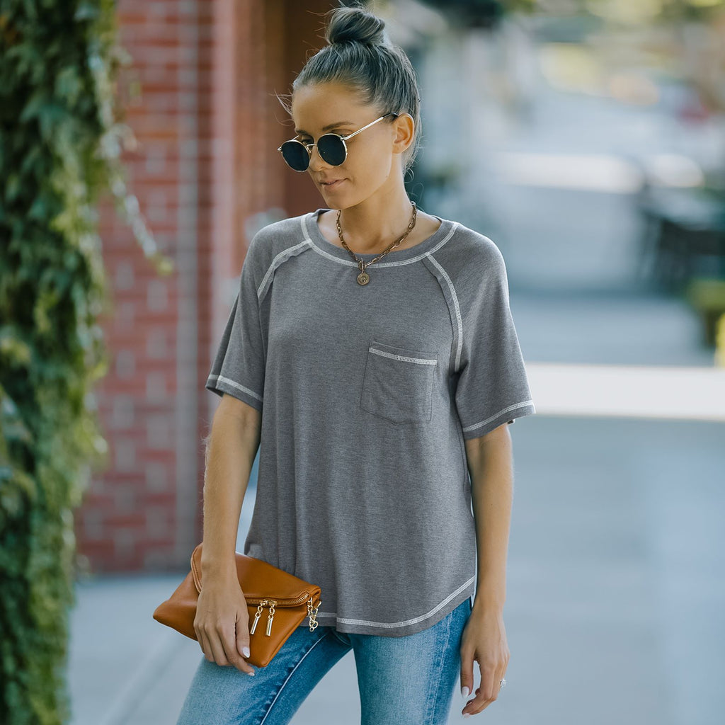 Camiseta básica de verano con cuello redondo, manga corta y bolsillo en el pecho