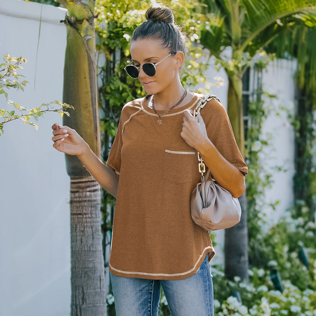 Camiseta básica de verano con cuello redondo, manga corta y bolsillo en el pecho