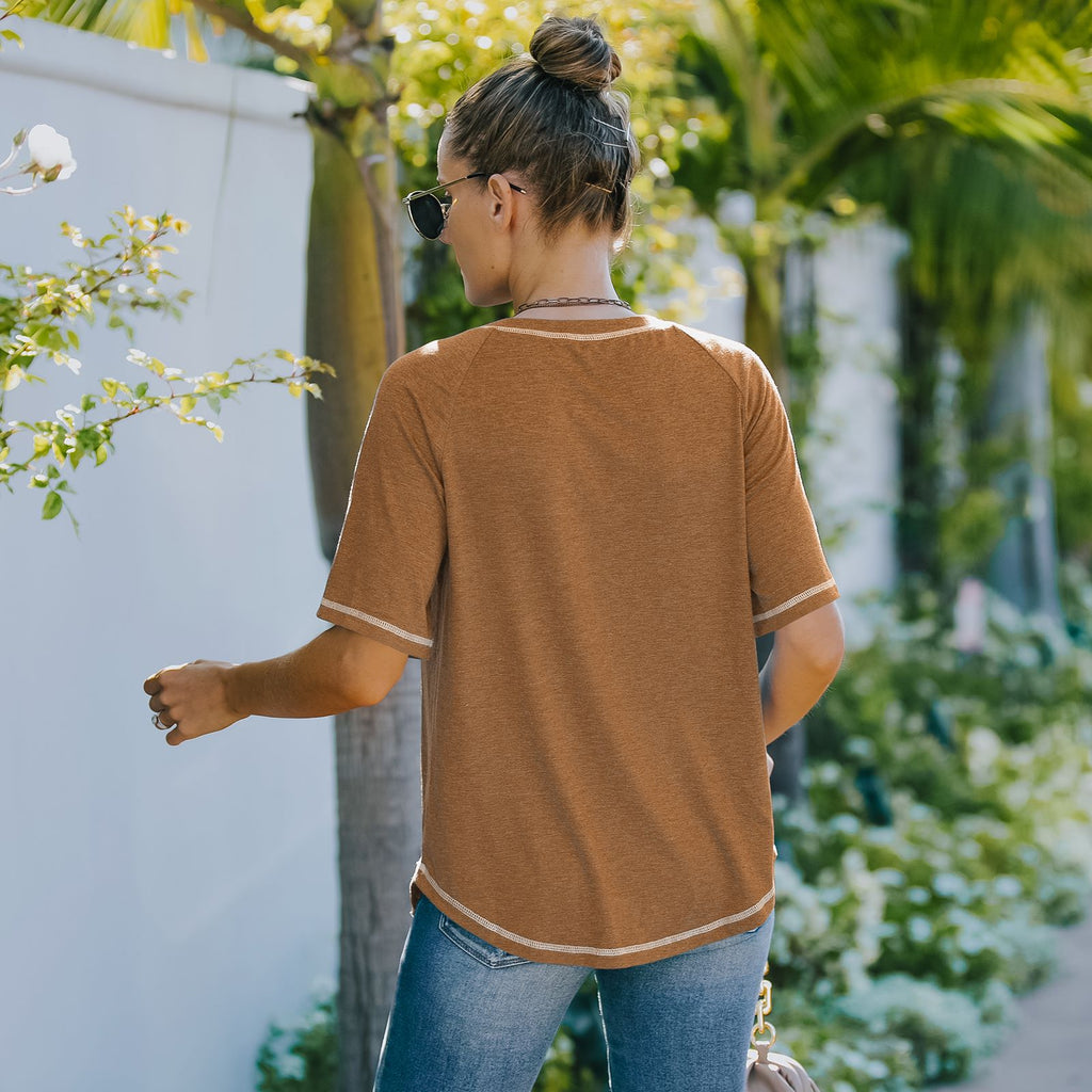 Camiseta básica de verano con cuello redondo, manga corta y bolsillo en el pecho